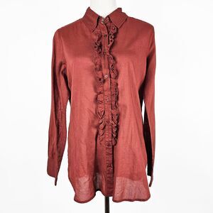 Peruvian Connection Dark Orange Medium Cotton Ruffle Button Down Blouse